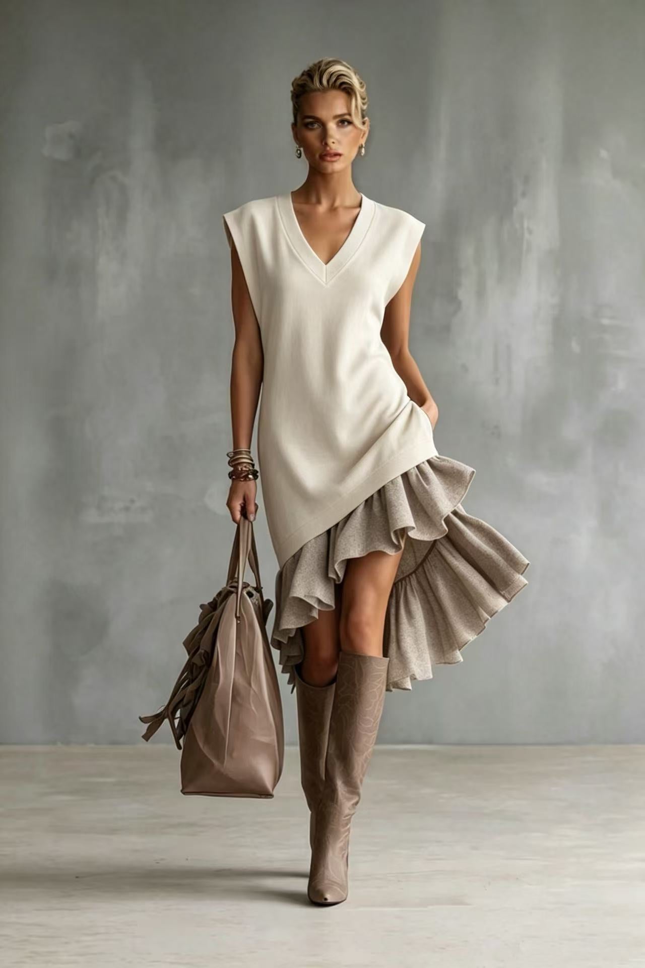 Solid-color Casual European-American Style Flounced Midi Skirt