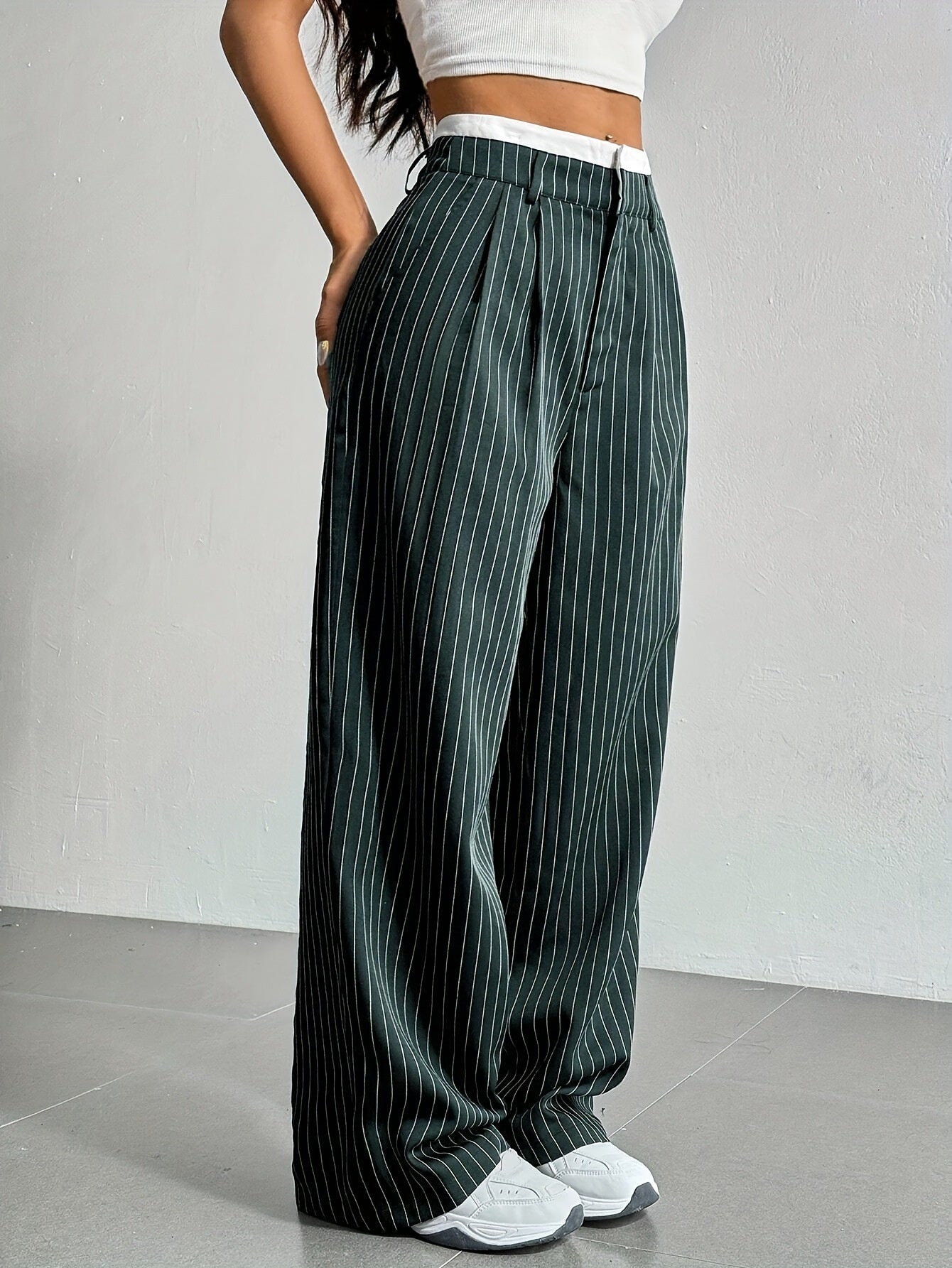 Stripe Printed Trousers Fashion High Waist Straight Leg Pants With Pocket Zipper Casual Suit Pants For Women