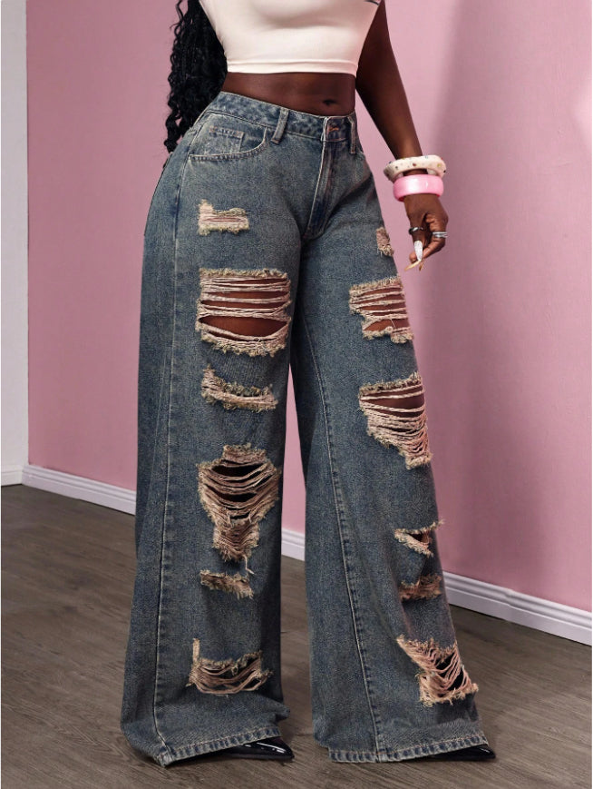 Women's Retro Distressed Kimchi Wide-leg Jeans