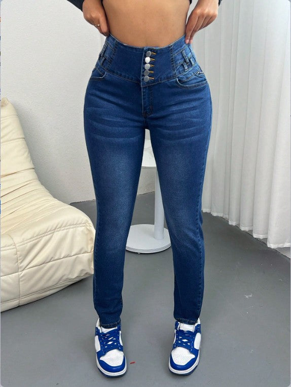 Women's Breasted Straight-leg Trousers Dark Blue Jeans