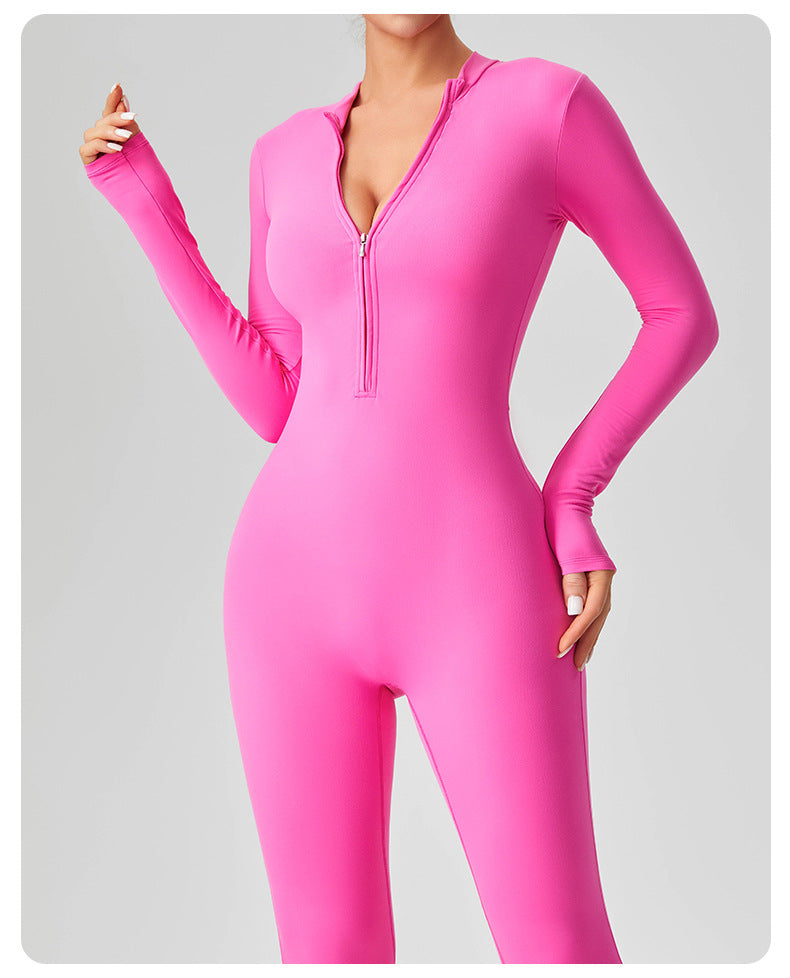 Women's Solid Color Casual Half Long-sleeve Zipper Jumpsuit