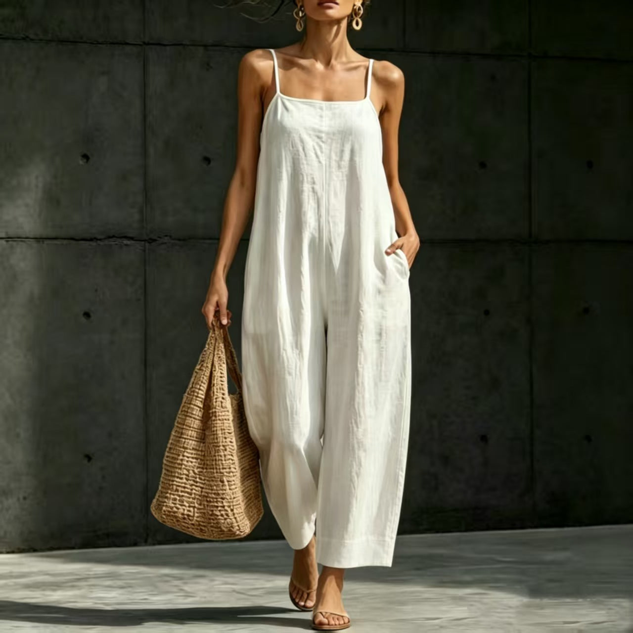 Springsummer Strap Jumpsuit Loose-fit Simple And Elegant Sleeveless