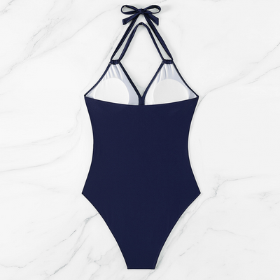 Halter-neck One-piece Swimsuit Summer Solid Color Cross-strap Design Mesh Bikini Beach Vacation Womens Clothing