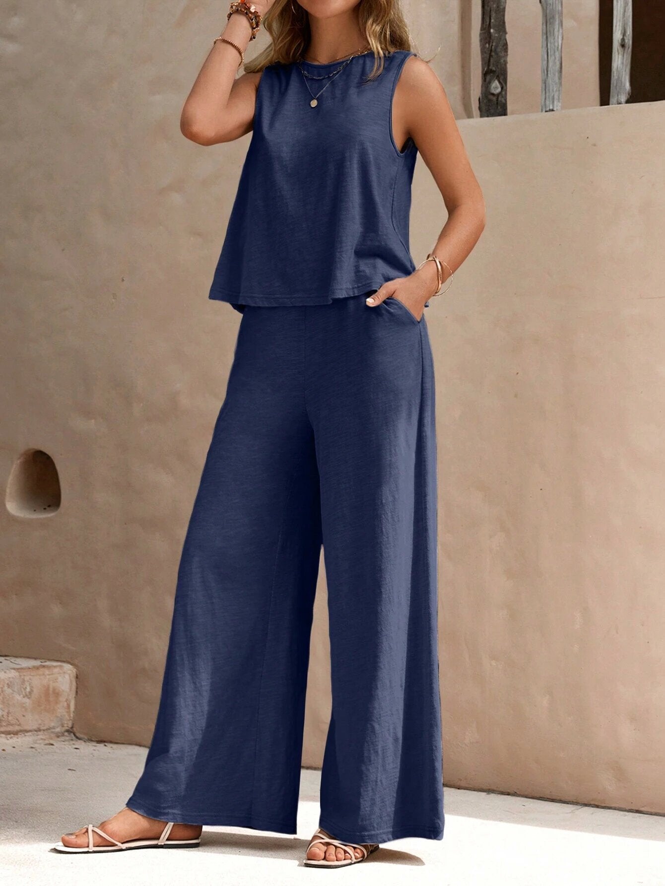 Solid Color Casual Loose Pants Sets For Women Elegant Spring Summer Women's Two Pieces Suit Full Trouser Set Female Outfit Clothes