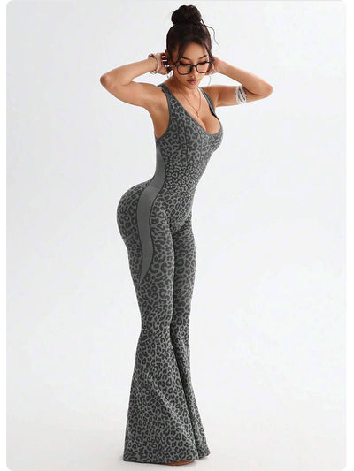 Women's Casual Sports Leopard Print Cross Beauty Back Jumpsuit