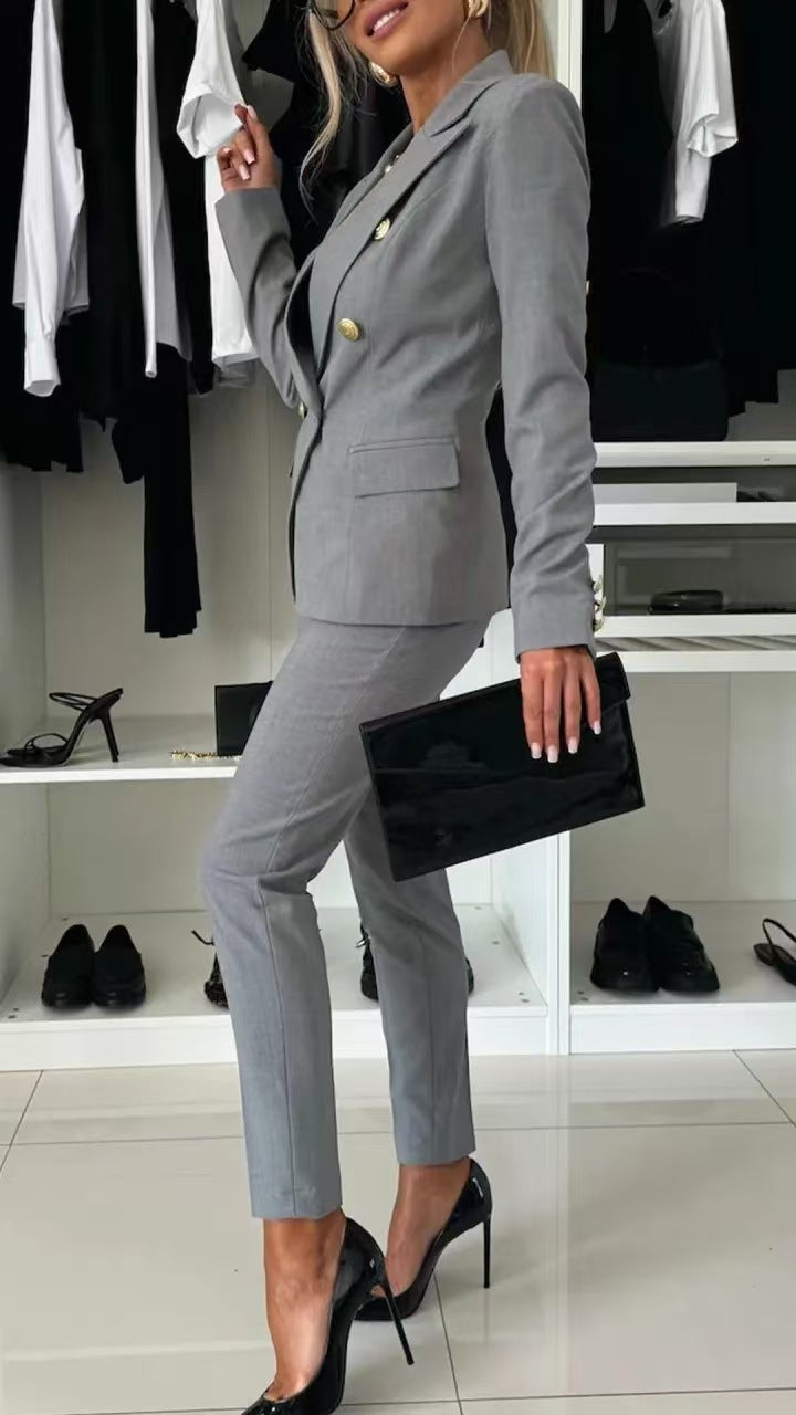 New All-matching Casual Suit Lapel Button-down Jacket And Slim-fit Trousers For Women's Office Business Set Clothing