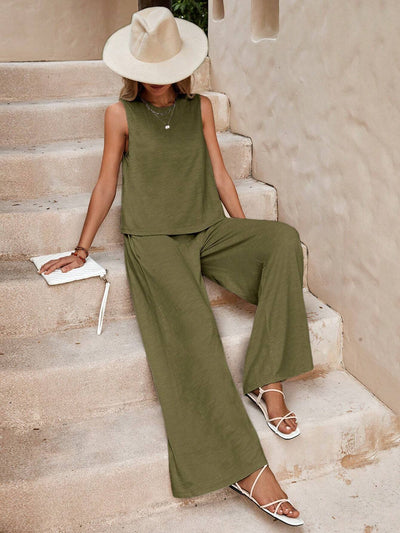 Solid Color Casual Loose Pants Sets For Women Elegant Spring Summer Women's Two Pieces Suit Full Trouser Set Female Outfit Clothes