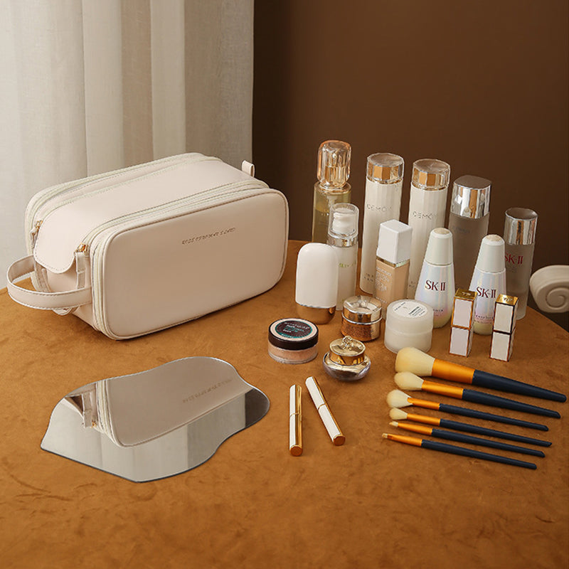 Three-layer Double Zipper U-shaped Design Cosmetic Bag Fashion High Capacity Make Up Bags Portable Pu Leather Storage Bag For Skin Care Products