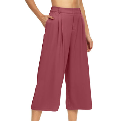 Womens Summer Solid-Color Casual High-Waisted Wide-Leg Cropped Trousers With Side Pockets