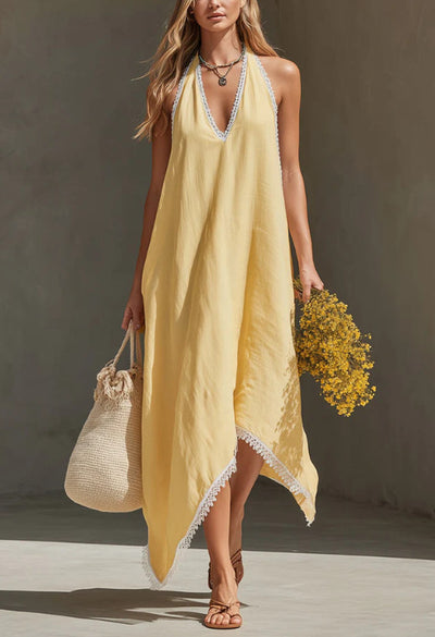Spliced Lace-trimmed V-neck Dress