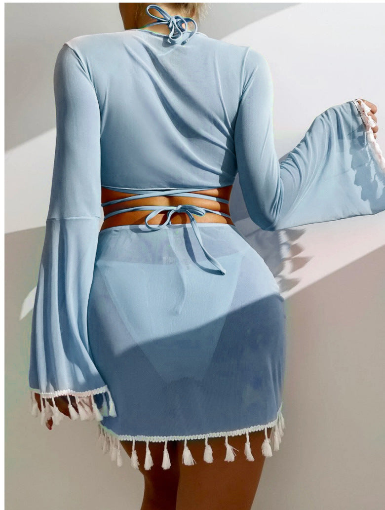 4pcs Solid Color Bikini With Short Skirt And Long Sleeve Cover-up Fashion Bow Tie Fringed Swimsuit Set Summer Beach Womens Clothing