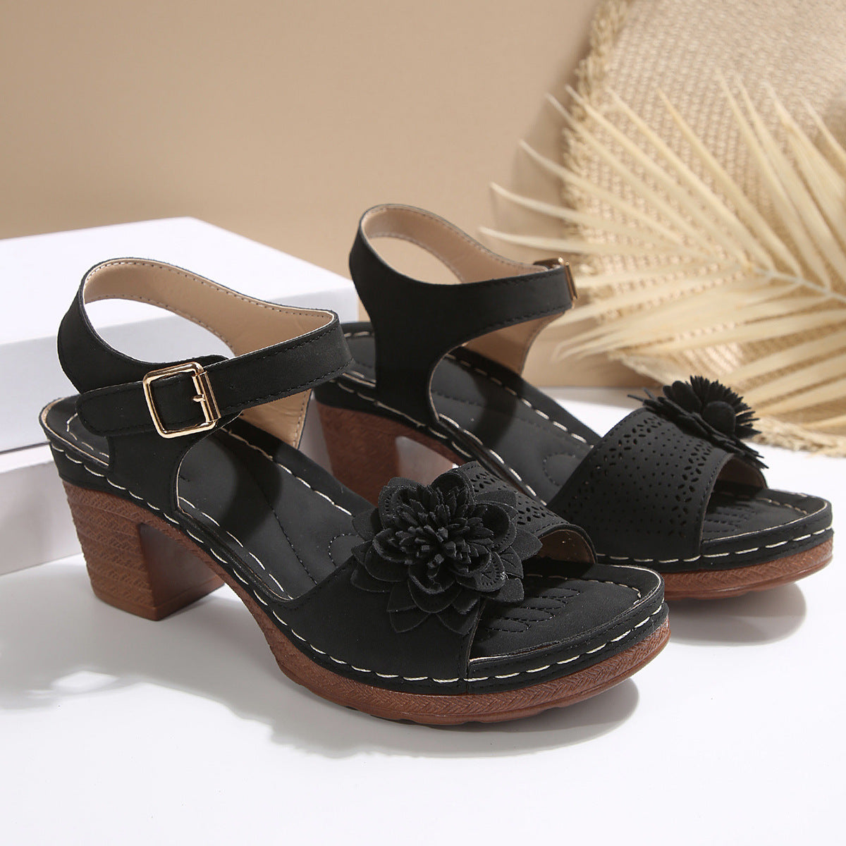 Women's Flowers Chunky Heel Sandals Summer Plus Size Platform Shoes