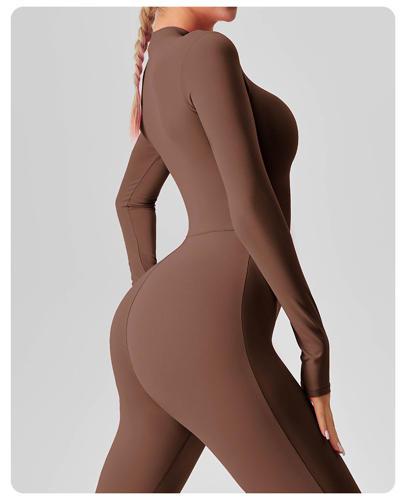 Women's Solid Color Casual Half Long-sleeve Zipper Jumpsuit