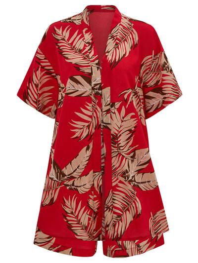 2pcs Casual Holiday Leaves Print Suit Summer Short Sleeve Shirt Top And Drawstring Shorts Sets For Womens Clothing