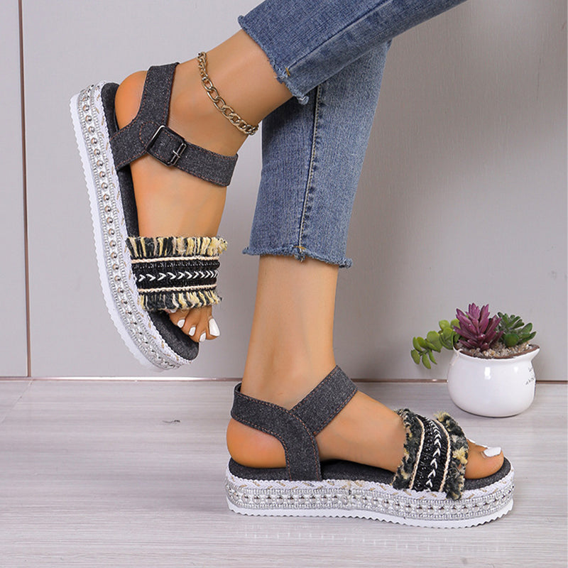 Fashion Tassel Denim Sandals With Thick-soled Flat Heel New Summer Hemp Rope Sole Ethnic Style Shoes For Women