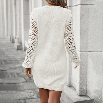 New V-neck Knitted Dress Fashion Solid Color Hollow Long-sleeved Sweater Dresses Women's Clothing