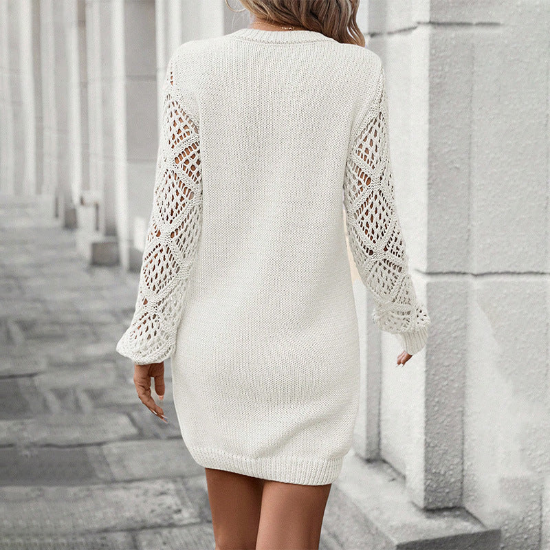 New V-neck Knitted Dress Fashion Solid Color Hollow Long-sleeved Sweater Dresses Women's Clothing