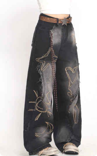 Deconstructed Embroidered Washed Jeans For Women, Autumn