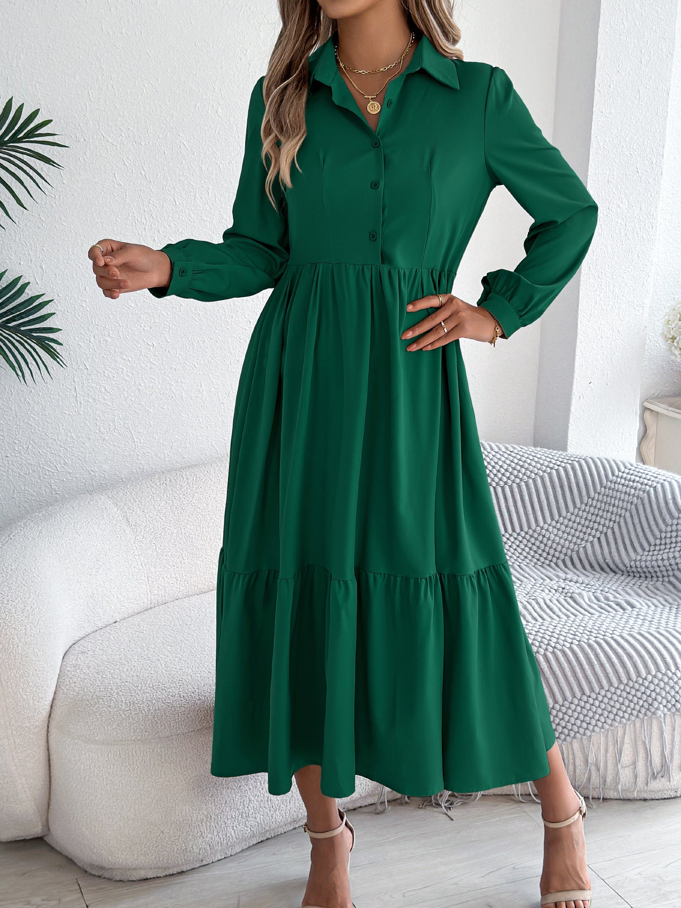 Women's Lapel Casual Loose Long Sleeve Ruffled Shirt Dresses Long Sleeved Turn-down Collar Single-Breasted Dress Spring Autumn Fashion Women's Clothing For Vacation