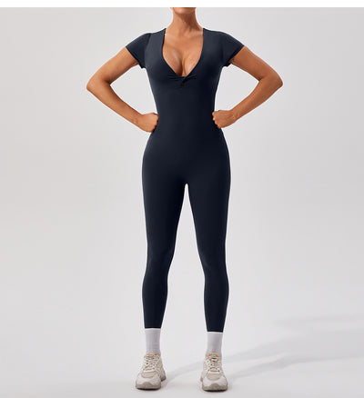 European And American Sexy Nude Feel Short Sleeve Yoga Jumpsuit