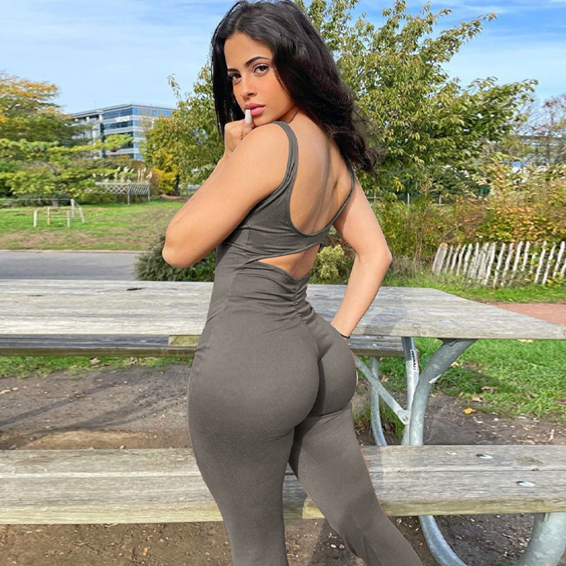 Women's Solid Color Slim Fit Backless Sleeveless Shoulder Strap Jumpsuit