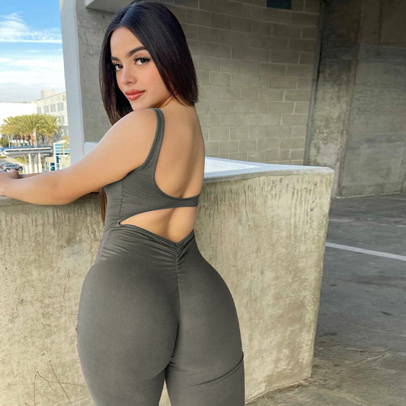 Women's Solid Color Slim Fit Backless Sleeveless Shoulder Strap Jumpsuit