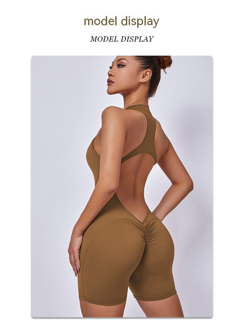 European And American Quick-drying Pleated No Embarrassment Line Tight Zipper Peach Hip Jumpsuit