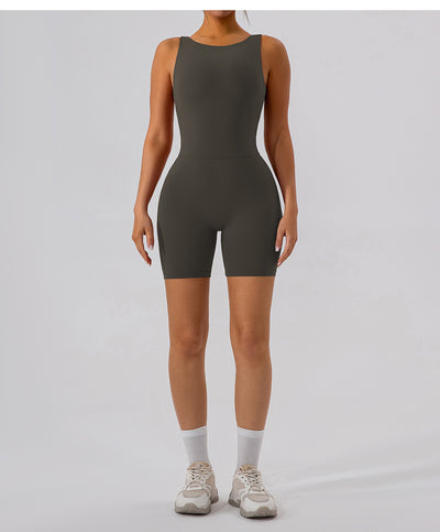 Nude Feel Hollow-out Beauty Back Yoga Jumpsuit Shorts For Women