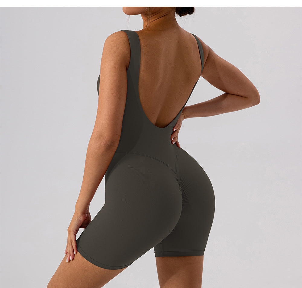 Nude Feel Hollow-out Beauty Back Yoga Jumpsuit Shorts For Women