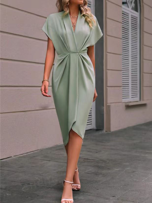 Summer Batwing Sleeve Dress Fashion V-neck Short Sleeve Pleated Dresses Womens Clothing