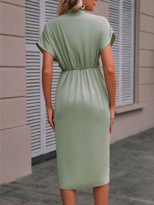 Summer Batwing Sleeve Dress Fashion V-neck Short Sleeve Pleated Dresses Womens Clothing