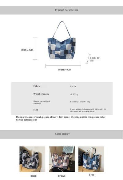 Women's Large Capacity Denim Color-contrast Check Idle Style Shoulder Commute Leisure Handbag Versatile Tote Bag