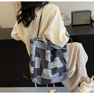 Women's Large Capacity Denim Color-contrast Check Idle Style Shoulder Commute Leisure Handbag Versatile Tote Bag