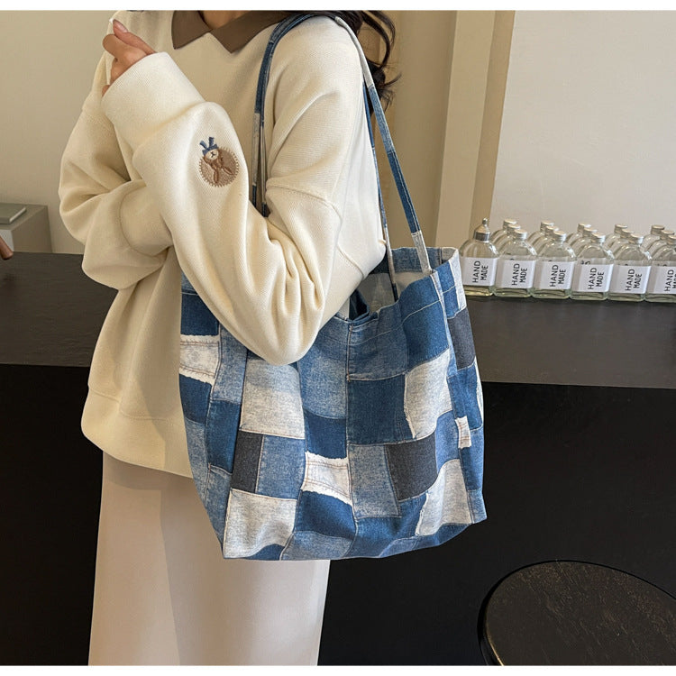 Women's Large Capacity Denim Color-contrast Check Idle Style Shoulder Commute Leisure Handbag Versatile Tote Bag