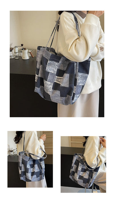 Women's Large Capacity Denim Color-contrast Check Idle Style Shoulder Commute Leisure Handbag Versatile Tote Bag
