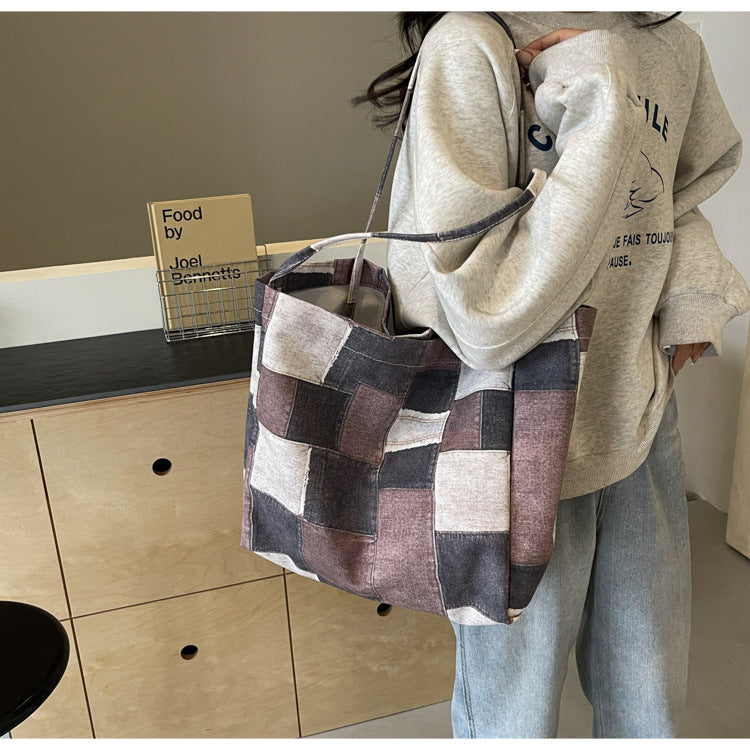 Women's Large Capacity Denim Color-contrast Check Idle Style Shoulder Commute Leisure Handbag Versatile Tote Bag
