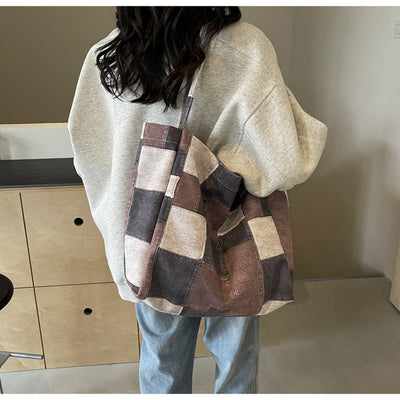 Women's Large Capacity Denim Color-contrast Check Idle Style Shoulder Commute Leisure Handbag Versatile Tote Bag