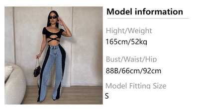 Fashion Casual High Waist Elastic Straight Leg Trousers Three Stripe Patchwork Denim Wide Leg Pants Streetwear