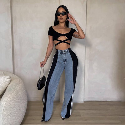Fashion Casual High Waist Elastic Straight Leg Trousers Three Stripe Patchwork Denim Wide Leg Pants Streetwear