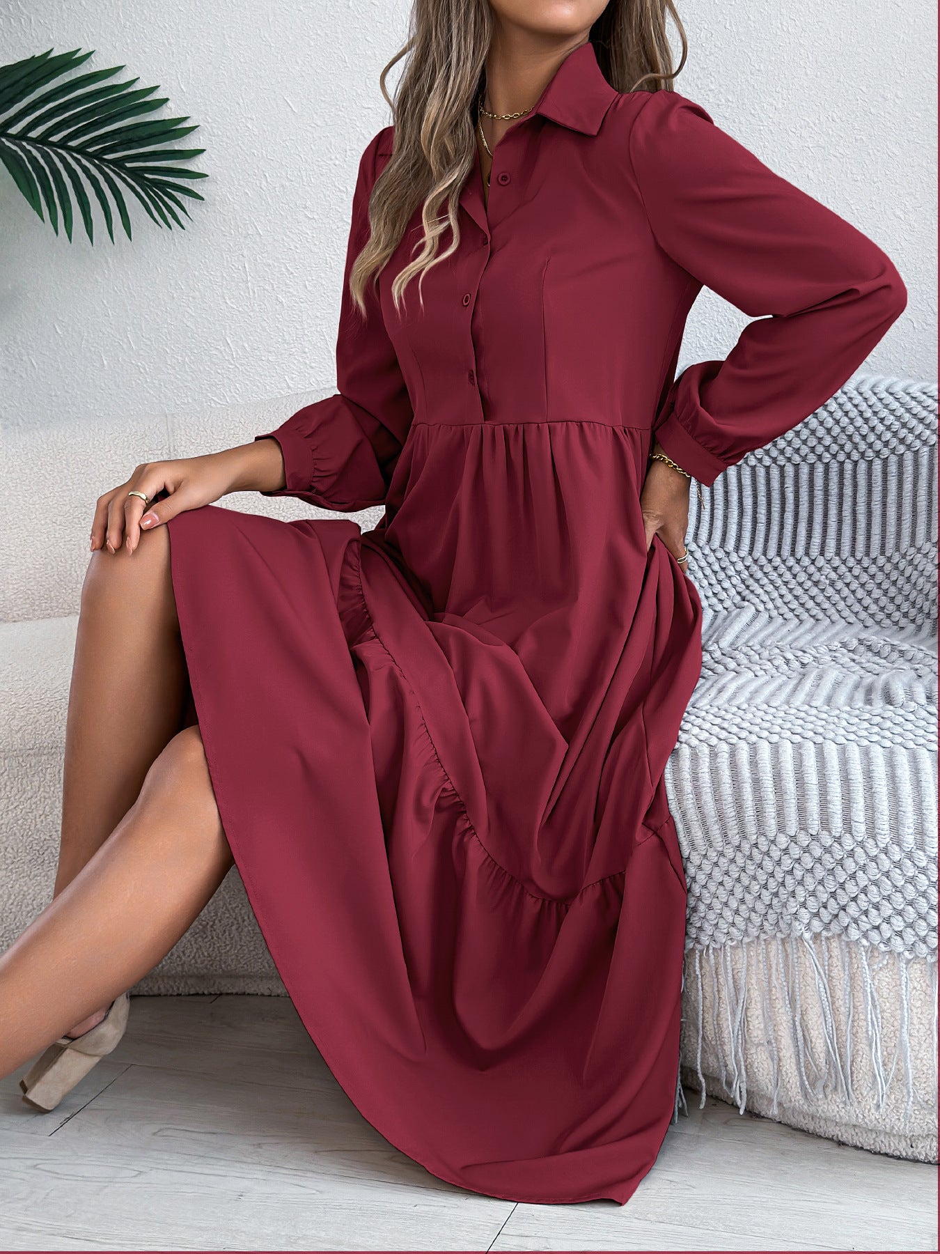 Women's Lapel Casual Loose Long Sleeve Ruffled Shirt Dresses Long Sleeved Turn-down Collar Single-Breasted Dress Spring Autumn Fashion Women's Clothing For Vacation