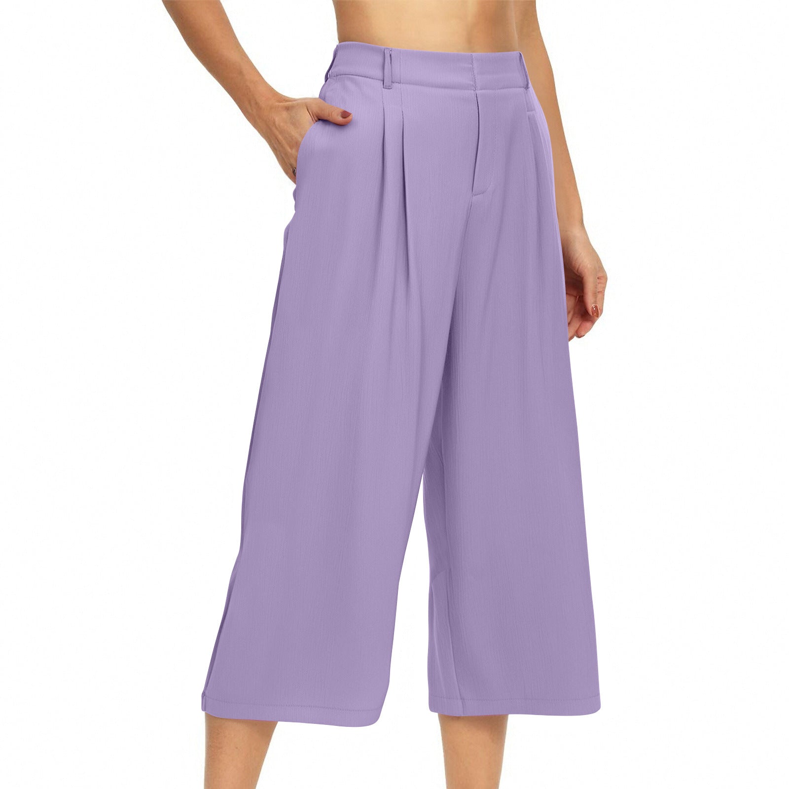 Womens Summer Solid-Color Casual High-Waisted Wide-Leg Cropped Trousers With Side Pockets