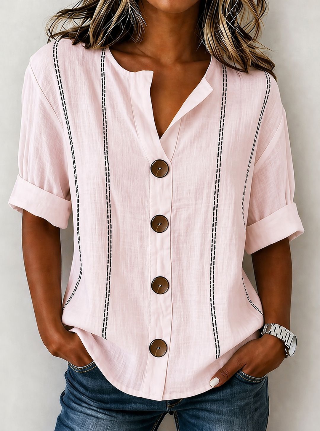 Summer Striped Button-up Blouse For Women