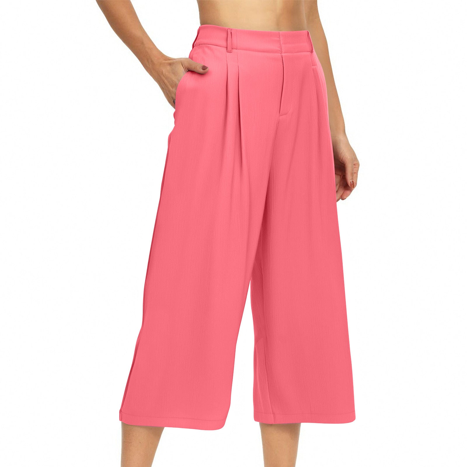 Womens Summer Solid-Color Casual High-Waisted Wide-Leg Cropped Trousers With Side Pockets