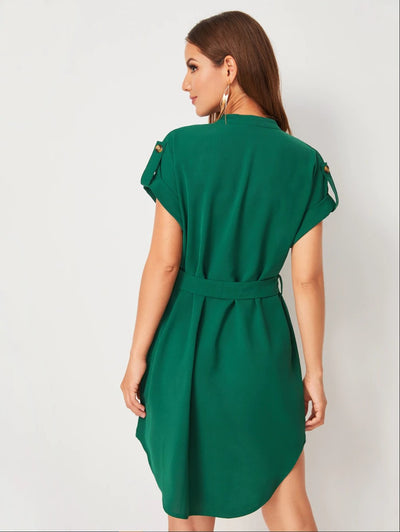 V-neck Short Sleeve Dress With Belt Summer Fashion Bowknot Dresses For Women Clothing