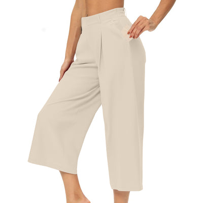 Womens Summer Solid-Color Casual High-Waisted Wide-Leg Cropped Trousers With Side Pockets