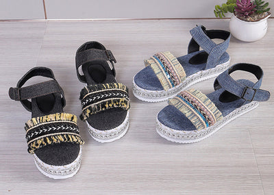 Fashion Tassel Denim Sandals With Thick-soled Flat Heel New Summer Hemp Rope Sole Ethnic Style Shoes For Women