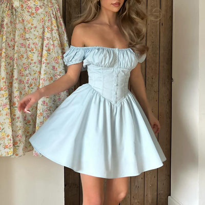 Womens Casual Puff-sleeve Square-neck Dress