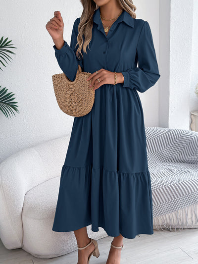 Women's Lapel Casual Loose Long Sleeve Ruffled Shirt Dresses Long Sleeved Turn-down Collar Single-Breasted Dress Spring Autumn Fashion Women's Clothing For Vacation