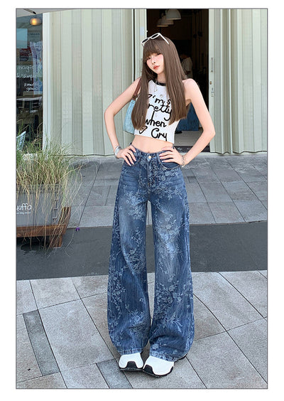 Jacquard Jeans Women's Loose Wide-leg Pants