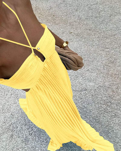 Ins Pleated Sleeveless Sling Dress Hollow High Waist Halter Robe Dresses For Evening Party Club Clothing Women